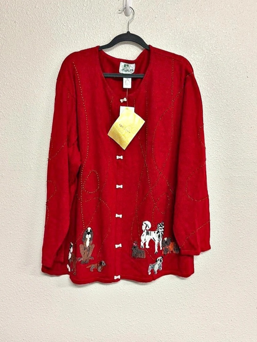 The Quacker Factory New Size 3X Beaded Dog and Dog Bone Button Cardigan in Red